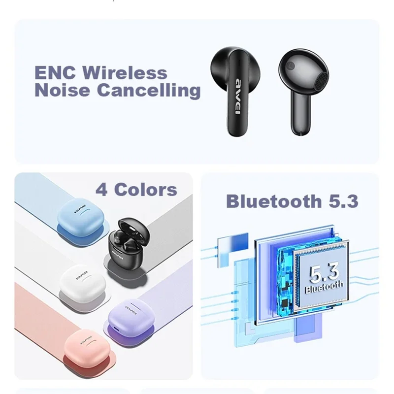 AWEI T68 4 Mic ENC Noise Canceling Bluetooth Headset HiFi Sound Earphones - Bleu