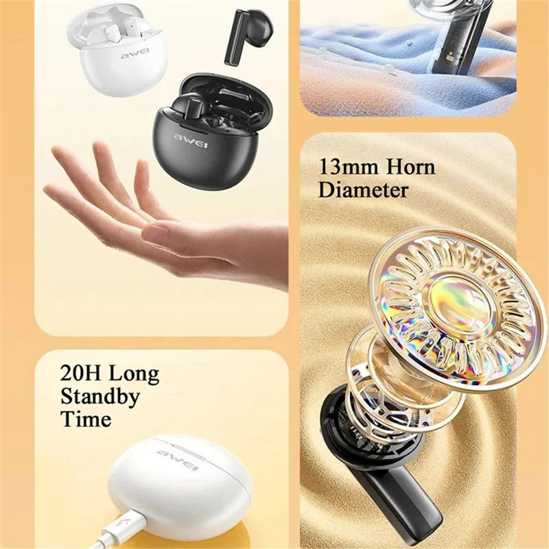 AWEI T87 Bluetooth-compatible TWS Earphones Stereo HiFi ENC Noise Reduction Earbuds with Charging Case - White