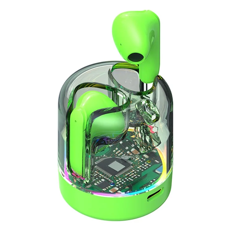 TM70 TWS Bluetooth Earphone Dynamic Lighting HiFi Stereo Earbuds with Transparent Charging Case - Verde