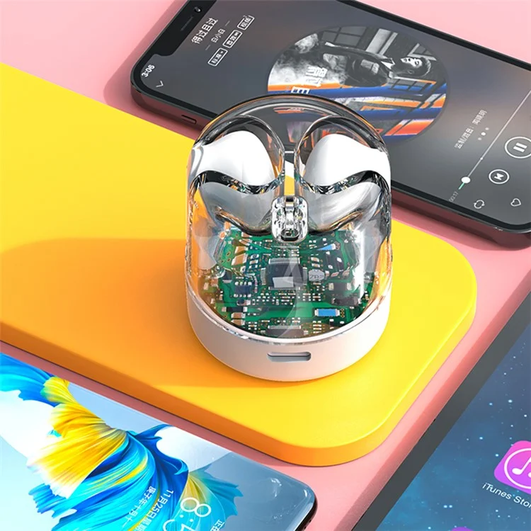 TM70 TWS Bluetooth Earphone Dynamic Lighting HiFi Stereo Earbuds with Transparent Charging Case - Verde