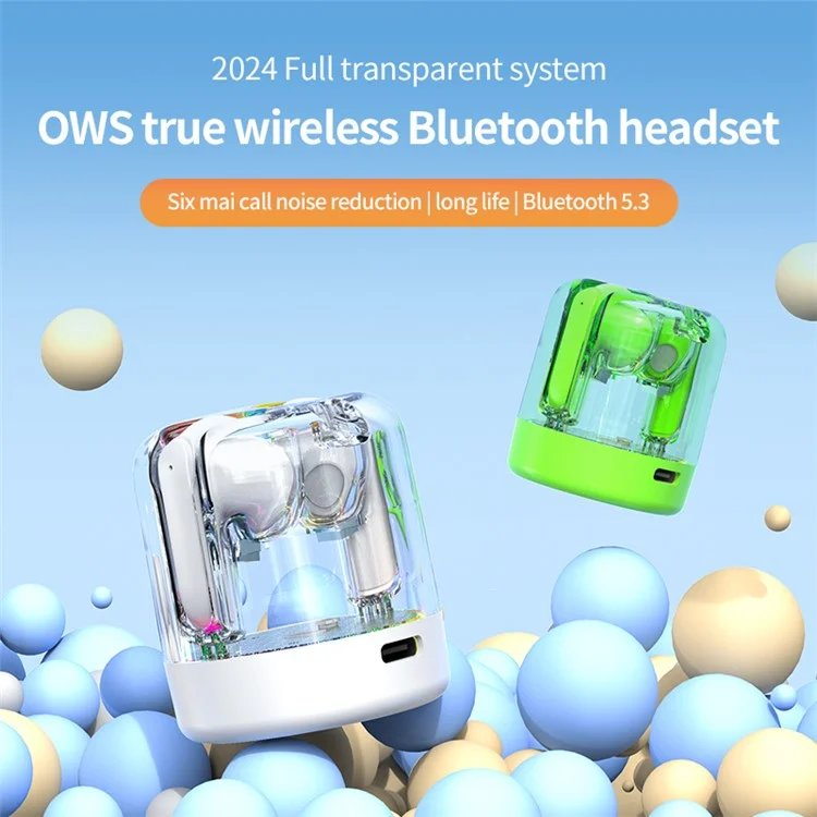 TM70 TWS Bluetooth Earphone Dynamic Lighting HiFi Stereo Earbuds with Transparent Charging Case - Verde