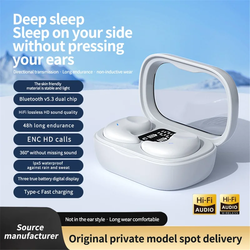 SM01 TWS Digital Display Bluetooth-compatible Earphone Mini Sleep Earbuds Wireless Music Headset - Black