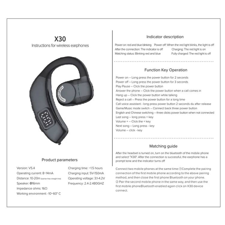 X30 Auricolare aziendale Bluetooth 5.4 monoorecchio Cuffia wireless con gancio - Nero 