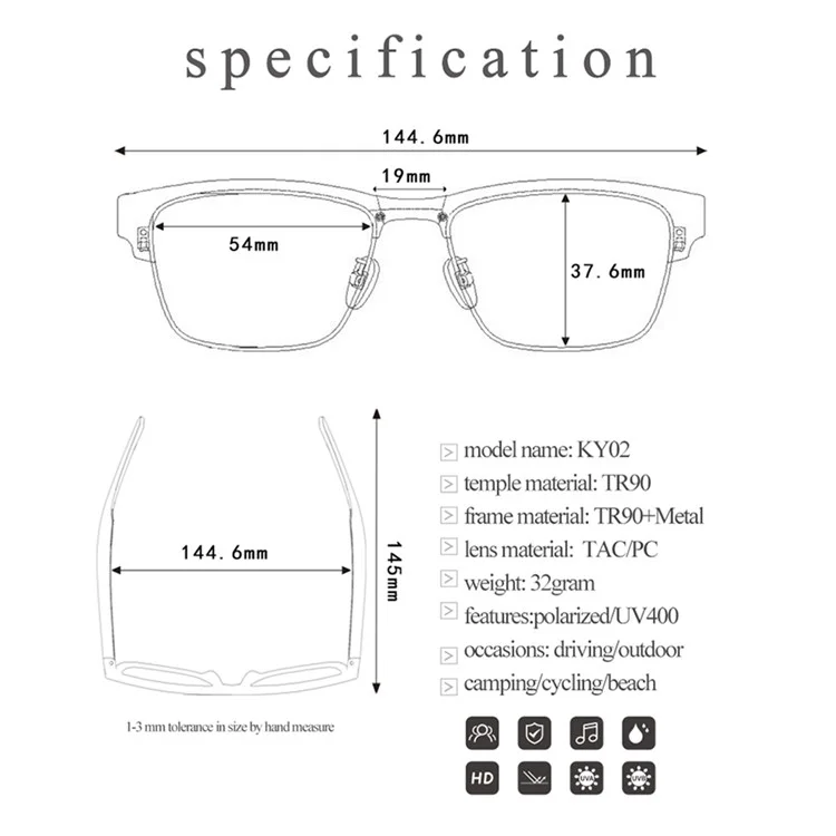 Auriculares inalámbricos Bluetooth TWS Gafas inteligentes Auriculares Gafas de sol - KY02B Oro 