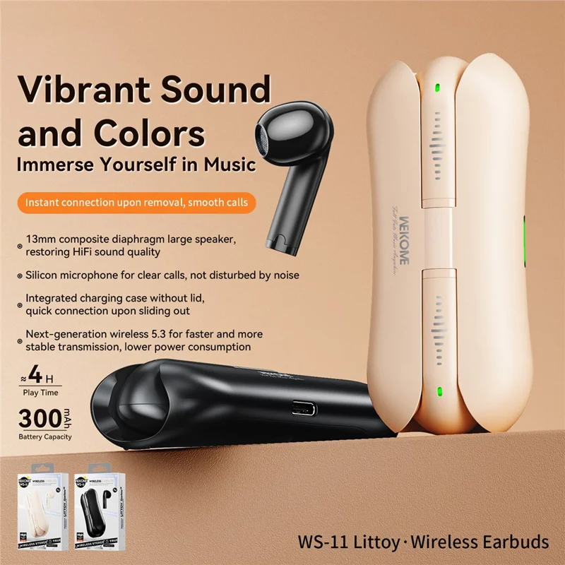 Wekome WS-11 Littoy Series Aurictos Inalámbricos Bluetooth 5.3 Auriculares Estéreo - Beige