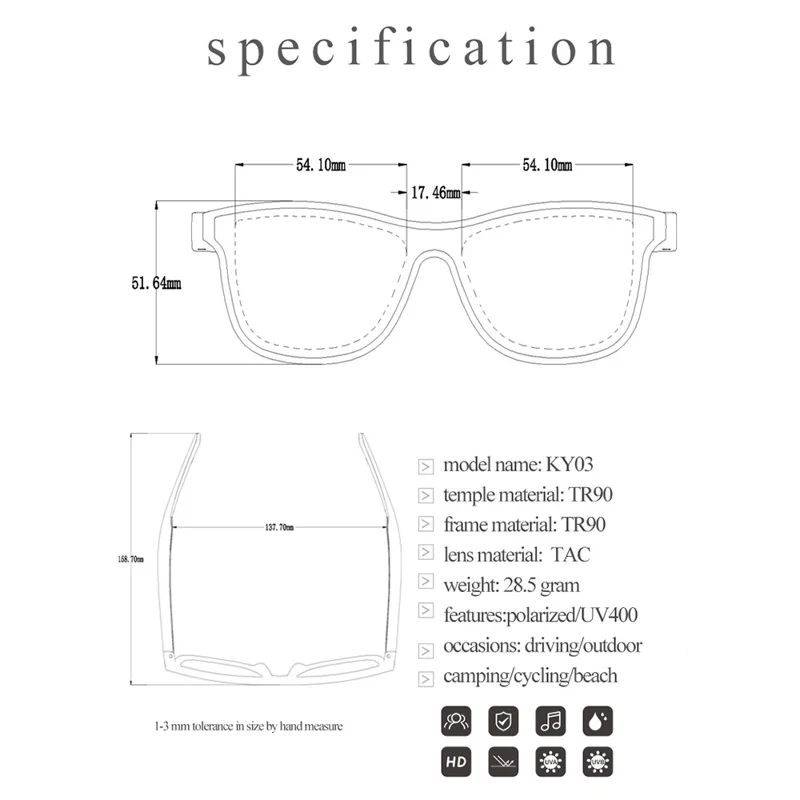 KY03 Smart Glasses Polarized Lenses Bluetooth-compatible Eyewear Call with Built-in Mic Speakers - Black