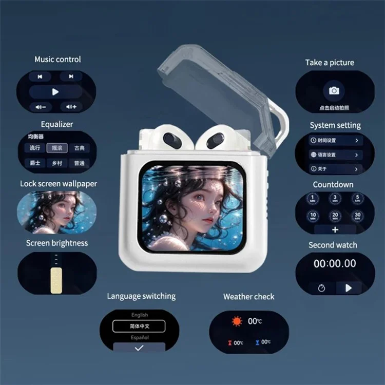 S10 Semi-in-ear Bluetooth-compatible Earphones with LED Full Color Touch Screen Charging Case, English Version - Beige