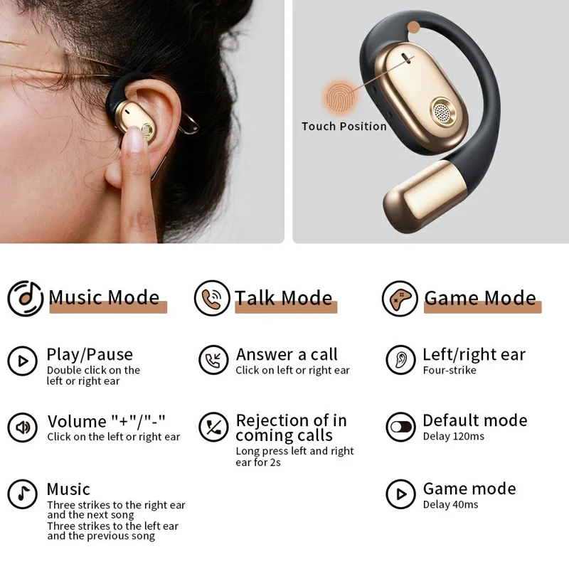 XUNDD W003 1 Pair Open-Ear Wireless Headset Waterproof Bluetooth-compatible Earphone - Black