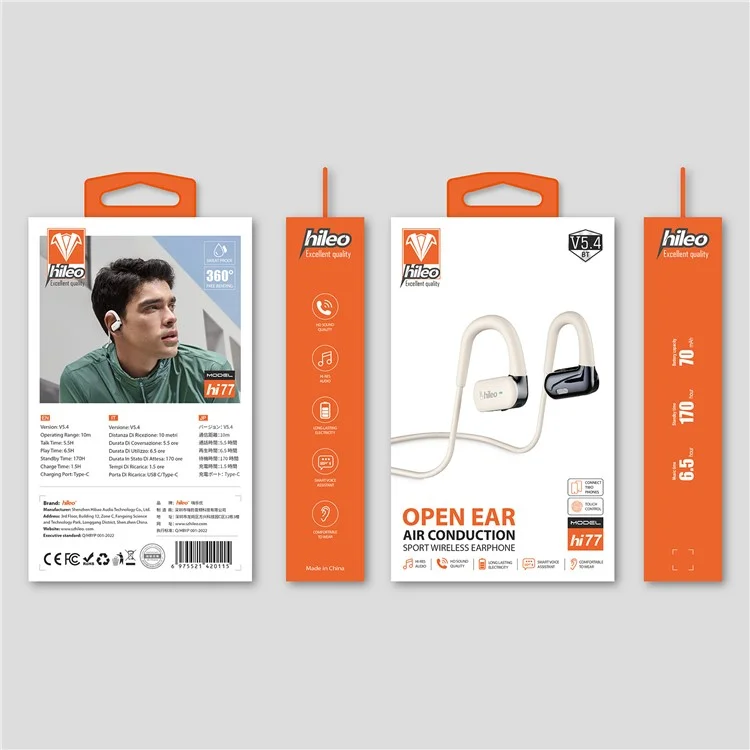 HILEO Hi77 Air Conduction Open Ear Bluetooth Headphones Sports Wireless Earphones - Branco