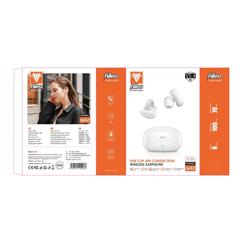 HILEO Hi82 Bluetooth-compatible Headsets Ear Clip-On Earphones Wireless Headphones - White