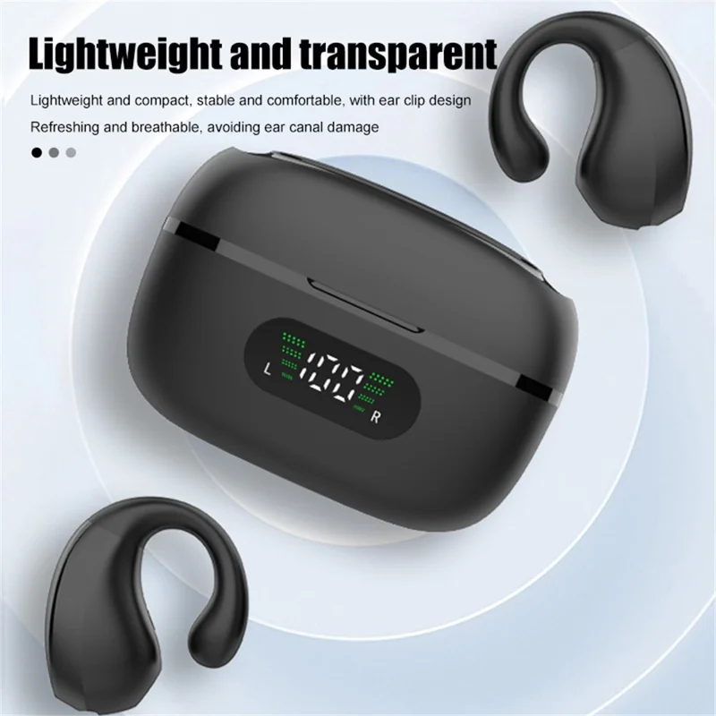 R12 Ear Clip Wireless Earbuds Bluetooth-compatible 5.3 Sports Earphones with Digital Display - White