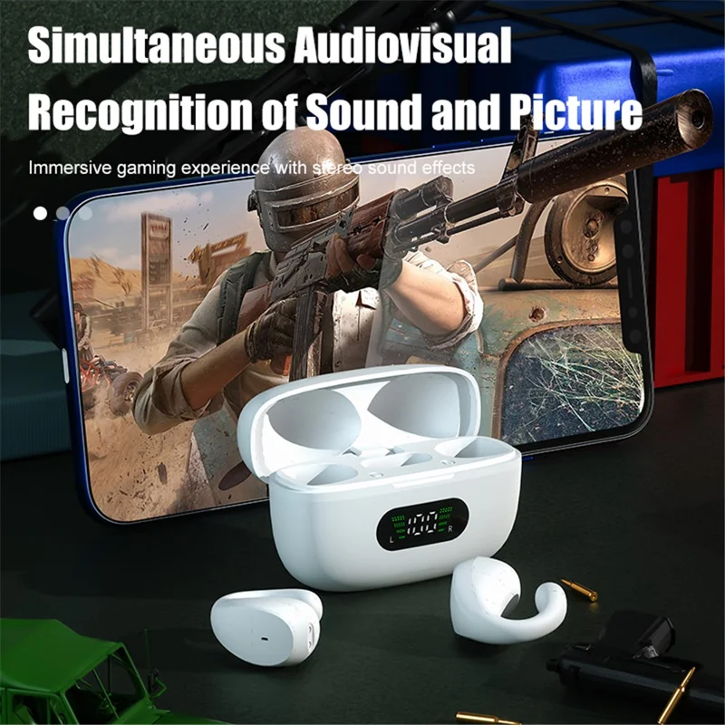 R12 Ear Clip Wireless Earbuds Bluetooth-compatible 5.3 Sports Earphones with Digital Display - White