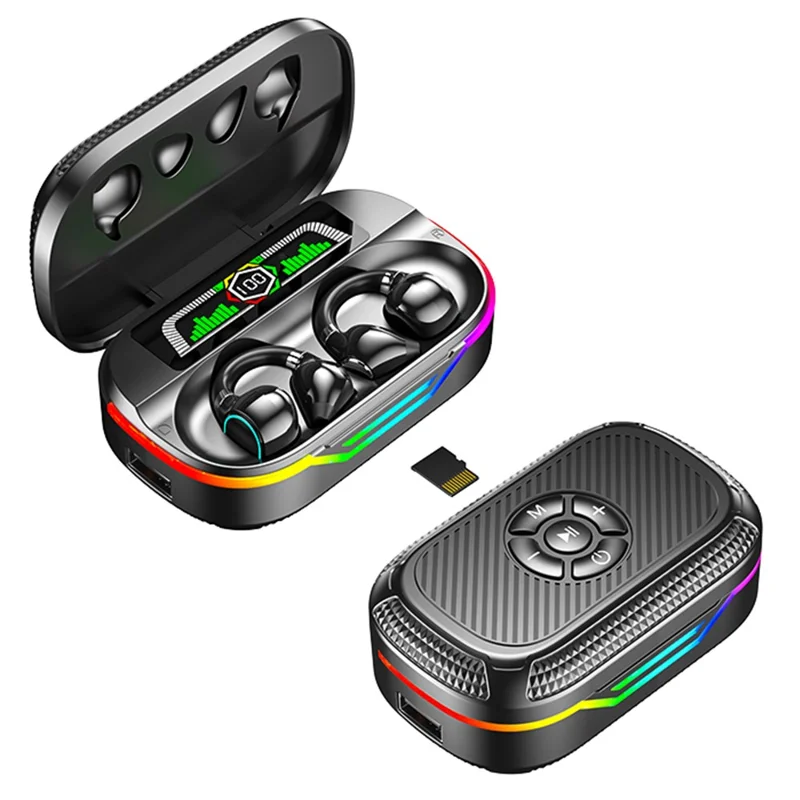 DX-15 MP3 Bluetooth Wireless Earphone RGB Light Clip-On Earbud Support TF Card Output