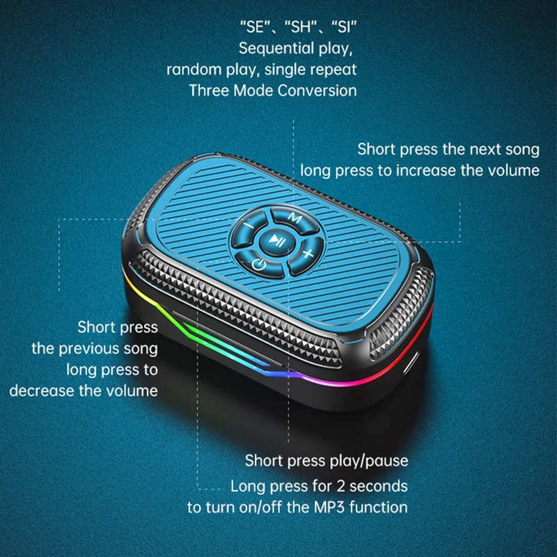 DX-15 MP3 Bluetooth Wireless Earphone RGB Light Clip-On Earbud Support TF Card Output