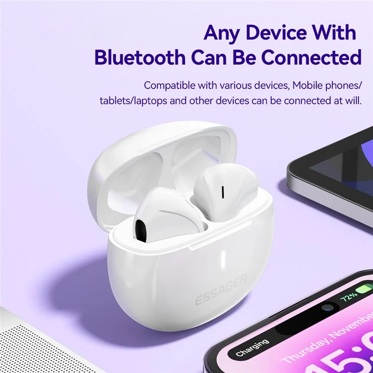 ESSAGER TWS Auricolare Bluetooth HiFi Stereo Sound HD Calling Wireless Headset - Bianco
