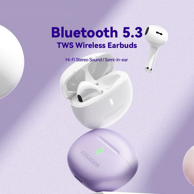 ESSAGER TWS Bluetooth-compatible Earphone HiFi Stereo Sound HD Calling Wireless Headset - Purple