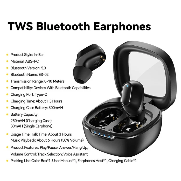 ESSAGER HiFi Stereo Sound In-ear Wireless Headphones Bluetooth-compatible 5.3 TWS Earphones - Black