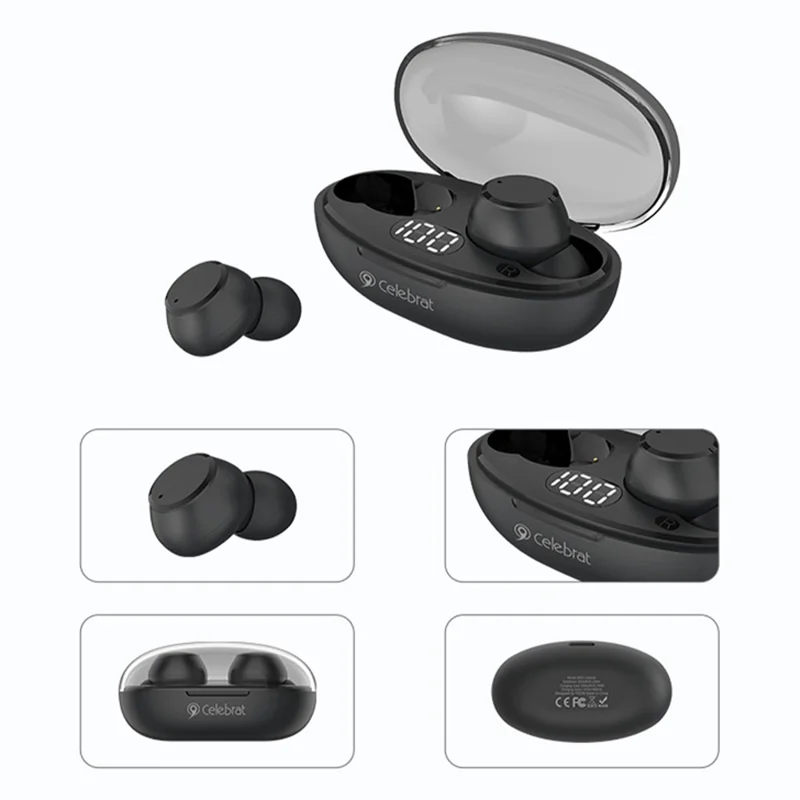 CELEBRAT W32 Bluetooth-compatible 5.2 TWS Earphone Transparent Stereo Noise Reduction Headset CE Certification - Black