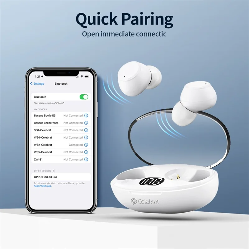 CELEBRAT W32 Bluetooth-compatible 5.2 TWS Earphone Transparent Stereo Noise Reduction Headset CE Certification - Black