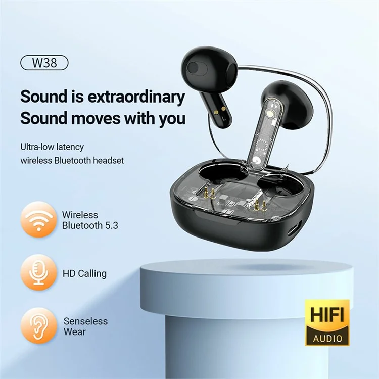 CELEBRAT W38 Écouteurs Bluetooth Stéréo Musique sans fil à Transparence (Certifié CE) - Noir