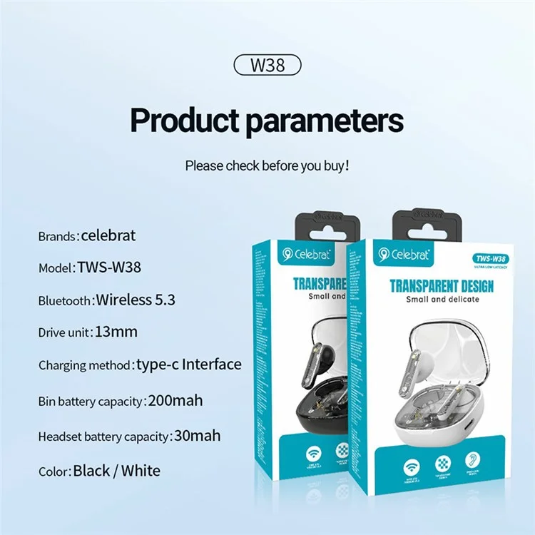 CELEBRAT W38 Écouteurs Bluetooth Stéréo Musique sans fil à Transparence (Certifié CE) - Noir