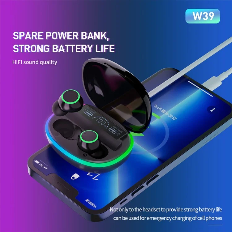 CELEBRAT W39 TWS Cuffie Bluetooth 5.3 con luce RGB In-Ear Auricolari Batteria di Emergenza (Certificazione CE)