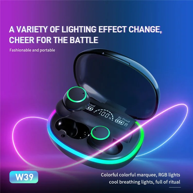 CELEBRAT W39 TWS Cuffie Bluetooth 5.3 con luce RGB In-Ear Auricolari Batteria di Emergenza (Certificazione CE)