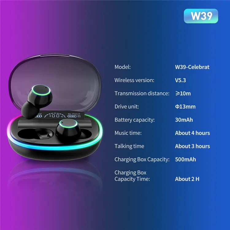 CELEBRAT W39 TWS Cuffie Bluetooth 5.3 con luce RGB In-Ear Auricolari Batteria di Emergenza (Certificazione CE)