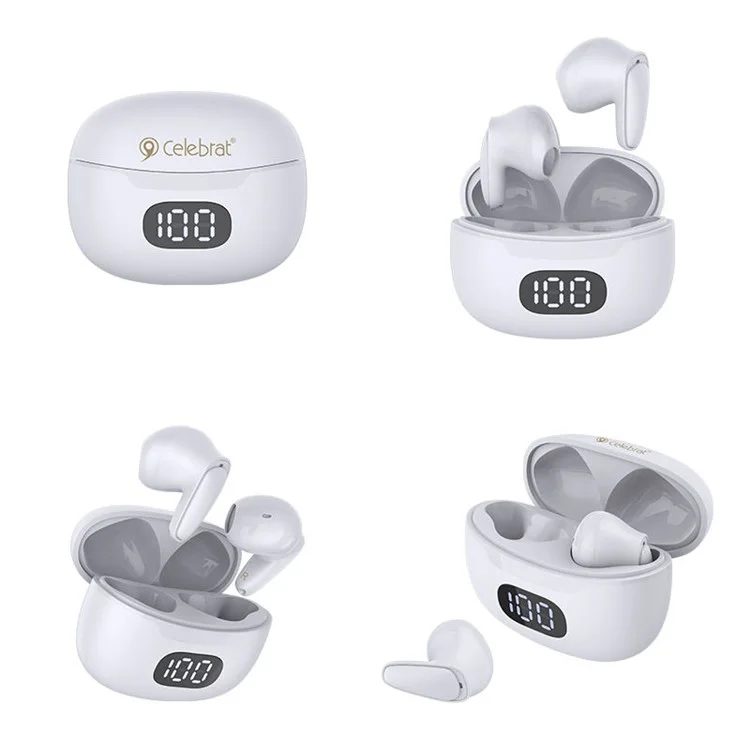 CELEBRAT W34 Casque Bluetooth 5.3 ENC Annulation du bruit Écouteurs True Wireless Affichage numérique Écouteurs intra-auriculaires (Certifié CE) - Blanc