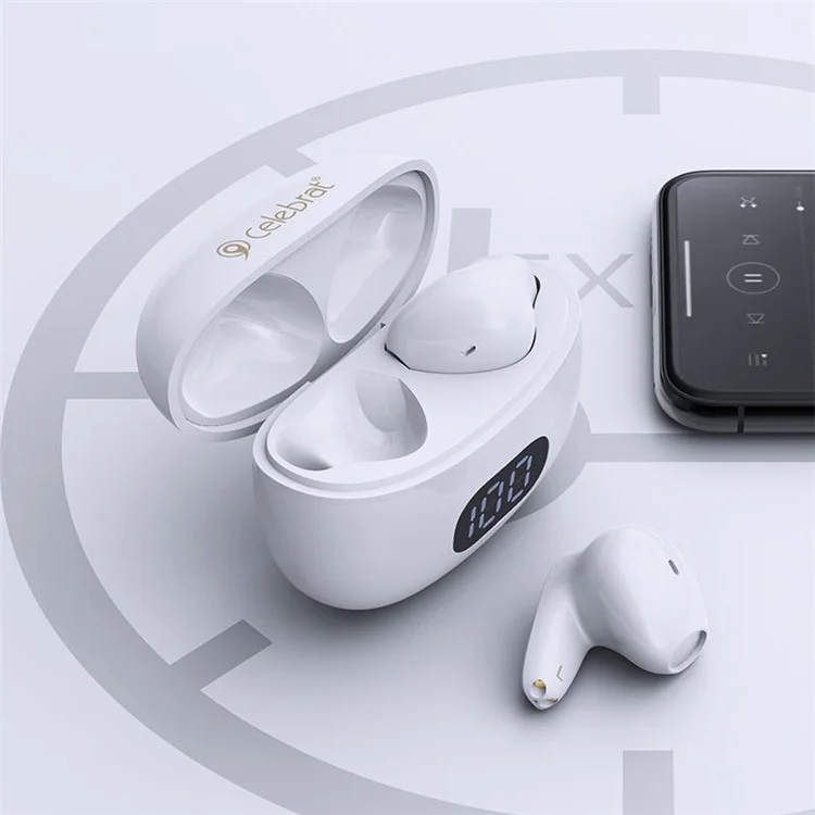 CELEBRAT W34 Casque Bluetooth 5.3 ENC Annulation du bruit Écouteurs True Wireless Affichage numérique Écouteurs intra-auriculaires (Certifié CE) - Blanc