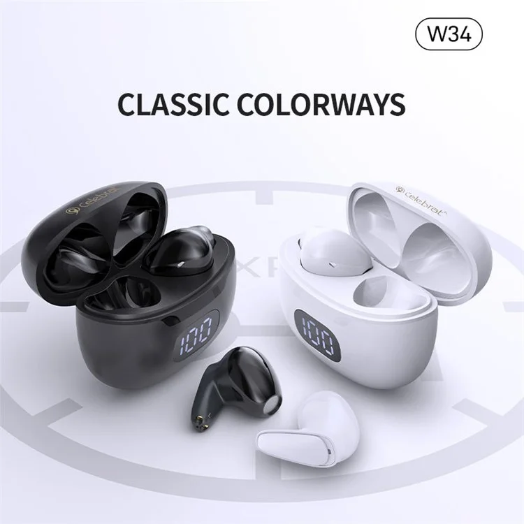 CELEBRAT W34 Casque Bluetooth 5.3 ENC Annulation du bruit Écouteurs True Wireless Affichage numérique Écouteurs intra-auriculaires (Certifié CE) - Blanc