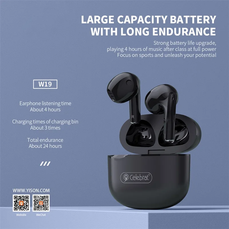 CELEBRAT W19 Semi-in-ear Bluetooth-compatible Earphone Stereo Music Gaming Wireless Headset (CE Certified) - Black