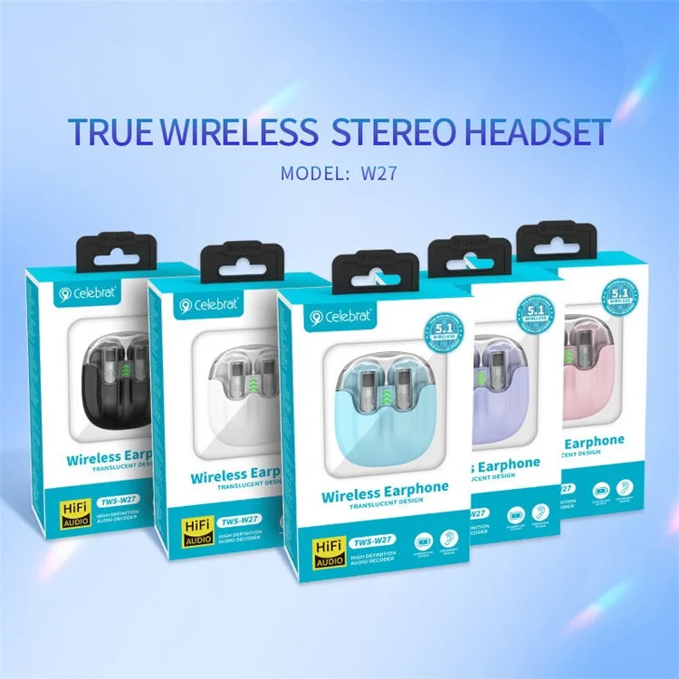CELEBRAT W27 Auriculares Bluetooth TWS Transparentes Reducción de Ruido Auricular Inalámbrico (Certificado CE) - Azul