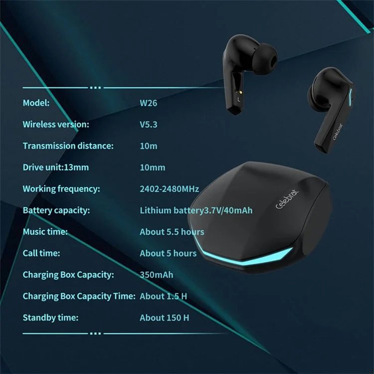 Écouteurs Bluetooth CELEBRAT W26 avec éclairage respiratoire, réduction de bruit pour jeux E-Sports (Certifié CE) - Blanc