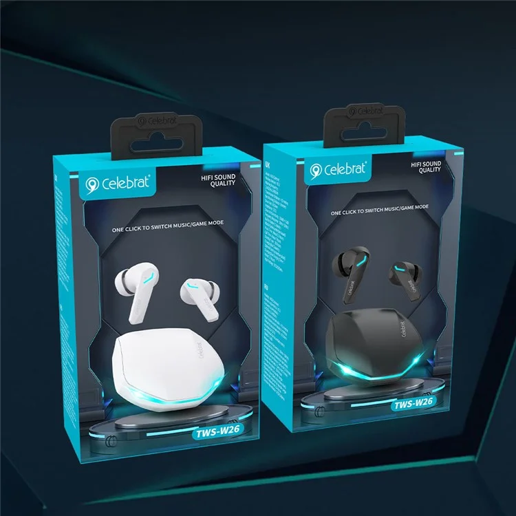 Écouteurs Bluetooth CELEBRAT W26 avec éclairage respiratoire, réduction de bruit pour jeux E-Sports (Certifié CE) - Blanc