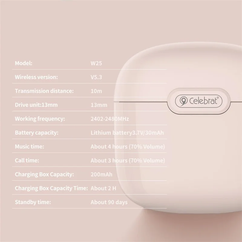 CELEBRAT W25 Semi-in-ear Stereo Earphones Wireless Bluetooth-compatible Headset (CE Certified) - Pink