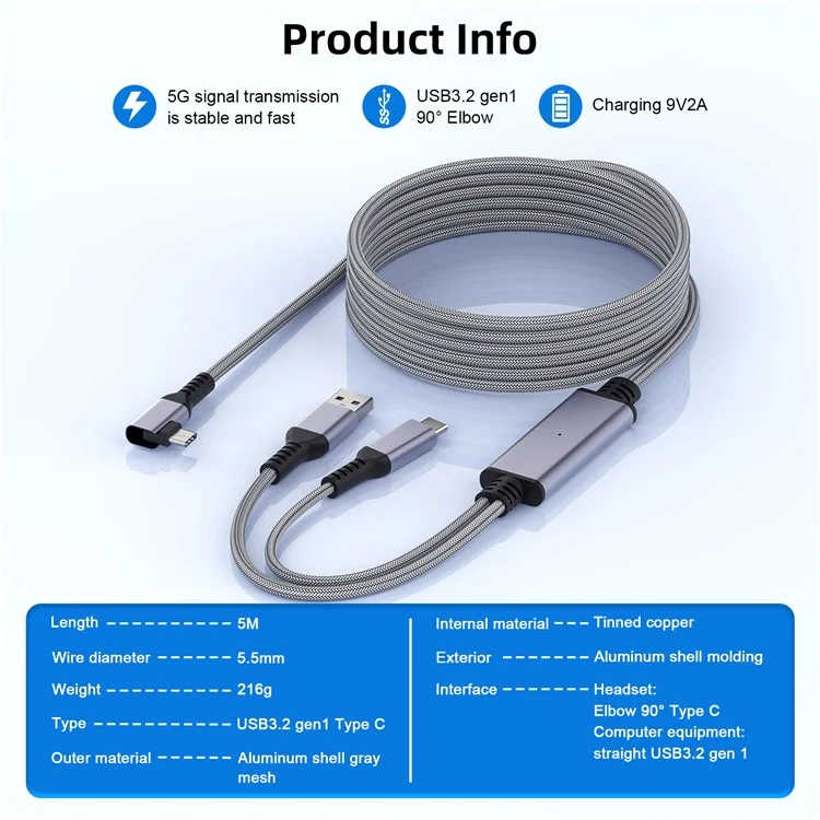 AMVR TYLC7 Cabo de Dados para Óculos de VR de 5m com Cotovelo Tipo-C USB3.2 Trançado e Cabo de Carregamento Tipo-C