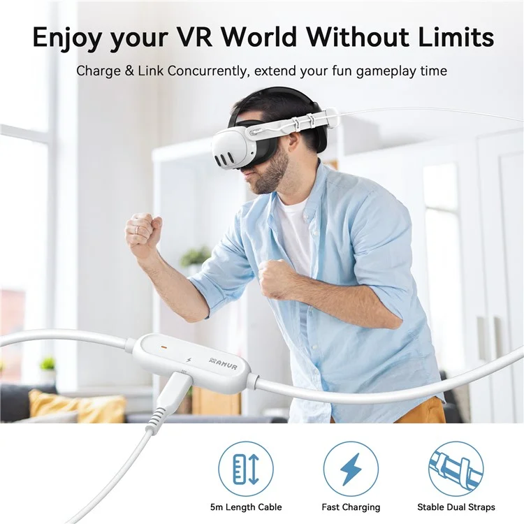 Cabo de Carregamento e Dados AMVR LC5 de 5m para Meta Quest 3 / 3S / 2 / Pro / PICO 4 / 4 Ultra - Cabo USB 3.0 de Carregamento Rápido de 18W para Headset VR