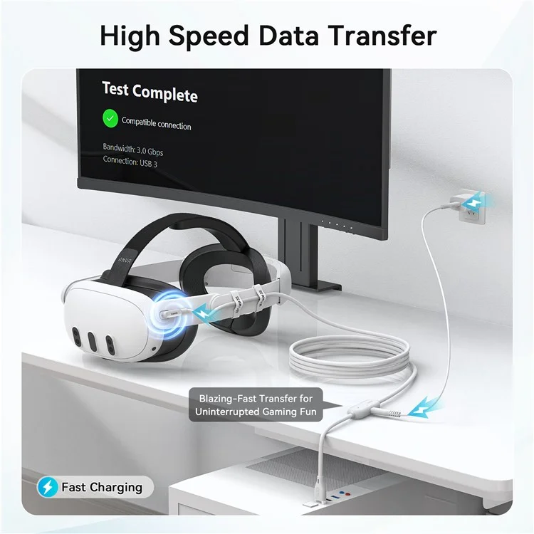 Cabo de Carregamento e Dados AMVR LC5 de 5m para Meta Quest 3 / 3S / 2 / Pro / PICO 4 / 4 Ultra - Cabo USB 3.0 de Carregamento Rápido de 18W para Headset VR