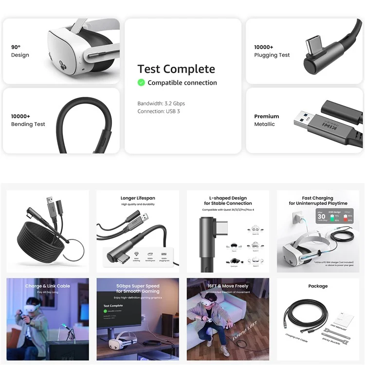 KIWI DESIGN QC-8U 5m Link Cable for Meta Quest 3 / 3S / 2 / Pro / PICO 4 , 18W Fast Charging Data Cord