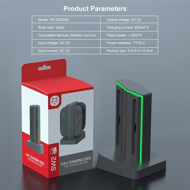 Estação de Carregamento HS-SW2002 para Nintendo Switch 2 Controladores Joy-Con Esquerdo / Direito 4 em 1 Carregador