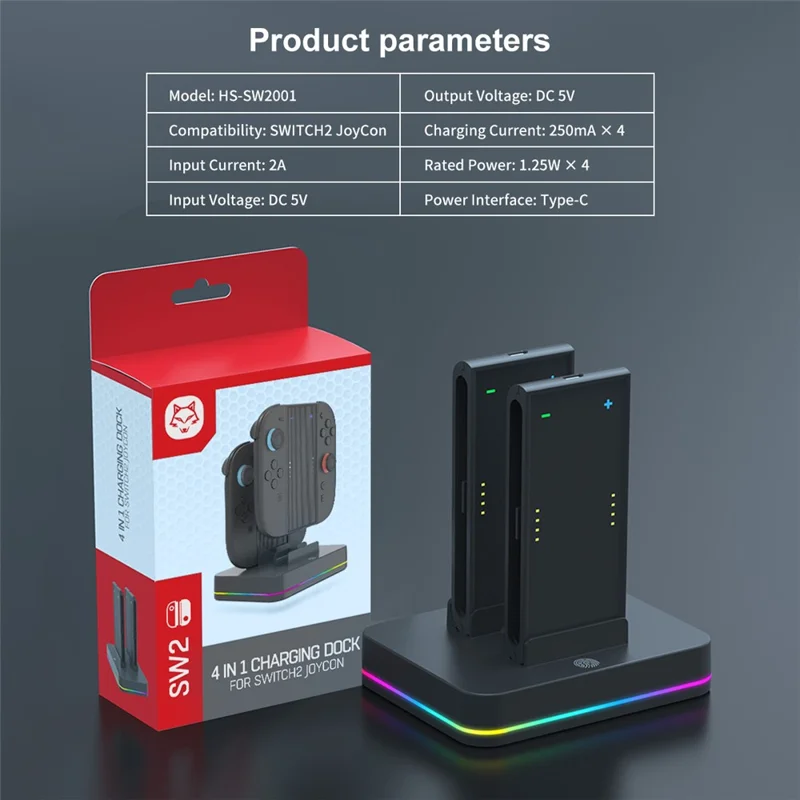 Support de charge HONSON HS-SW2001 4 en 1 pour manette de Nintendo Switch avec station de charge pour 2 manettes et éclairage RVB