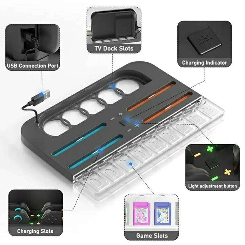 For Nintendo Switch 2 4-Slot Joy-Con Controllers Charging Dock Game Card Storage Station with RGB Light