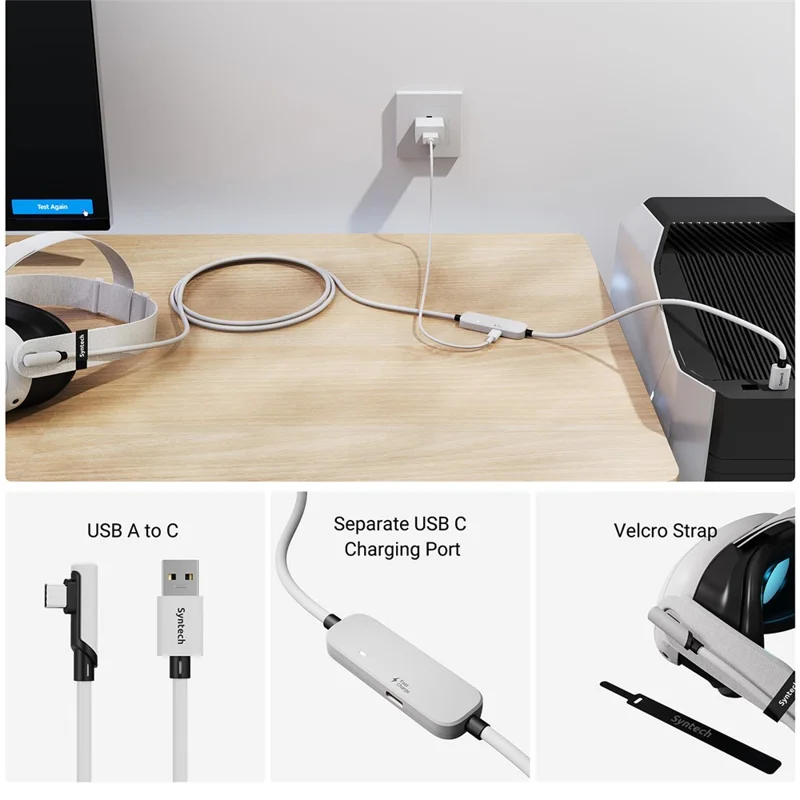 SYNTECH M32C1-5 5M Kabel do ładowania zestawu VR dla Meta Quest 3S / 3 / 2, przewód szybkiego ładowania 18 W, USB 3.0 – biały