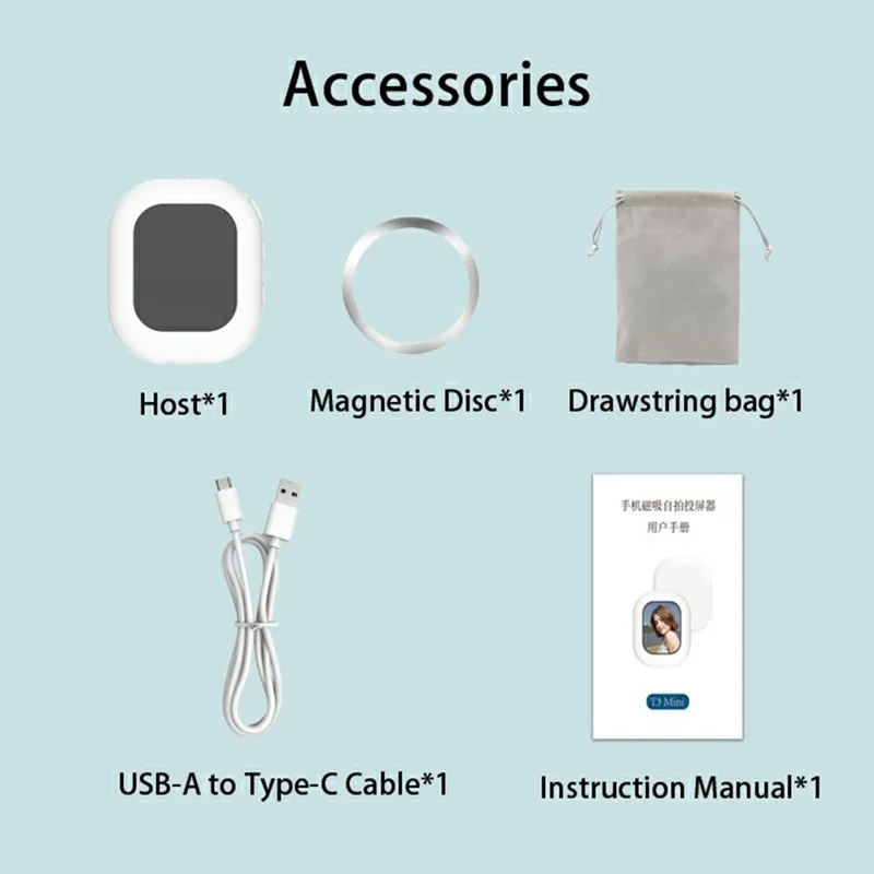 T3 Mini Wireless Phone Screen Mirroring Device Magnetic Selfie Camera Viewer for Android iOS - White