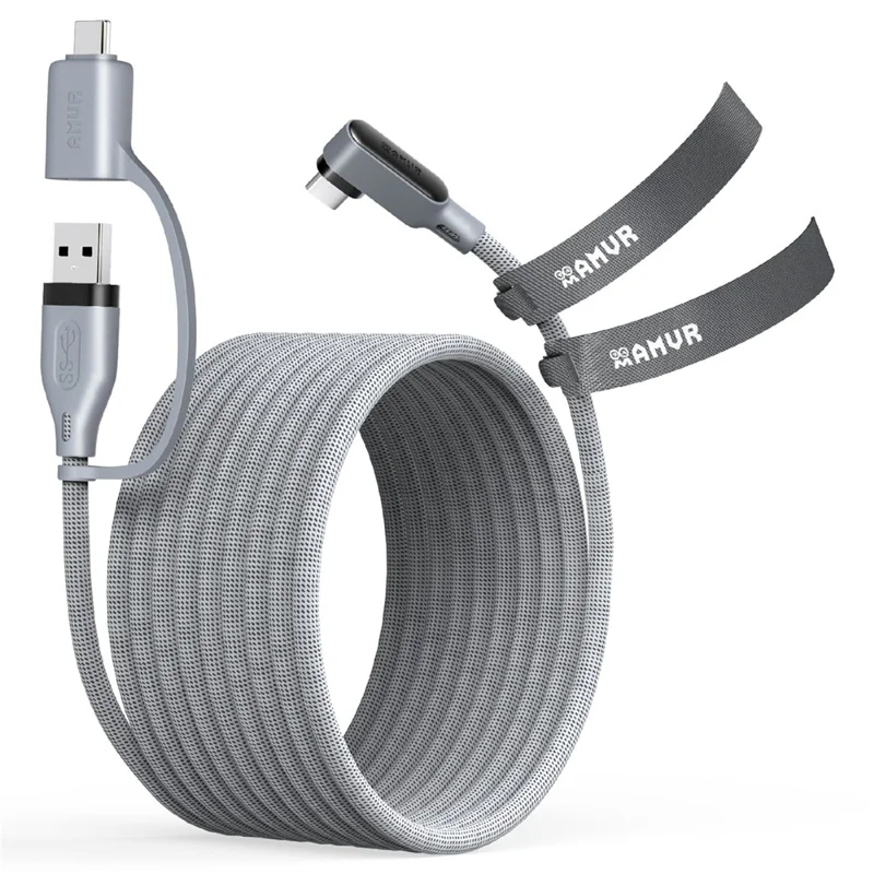 AMVR LC6L 16FT 2 in 1 USB-A + Type-C to Type-C 5Gbps Nylon Braided Data Cable for VR Gaming - Grey