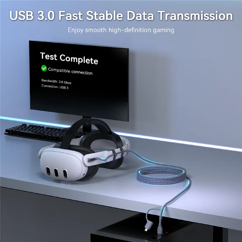 AMVR LC6L 16FT 2 in 1 USB-A + Type-C to Type-C 5Gbps Nylon Braided Data Cable for VR Gaming - Grey