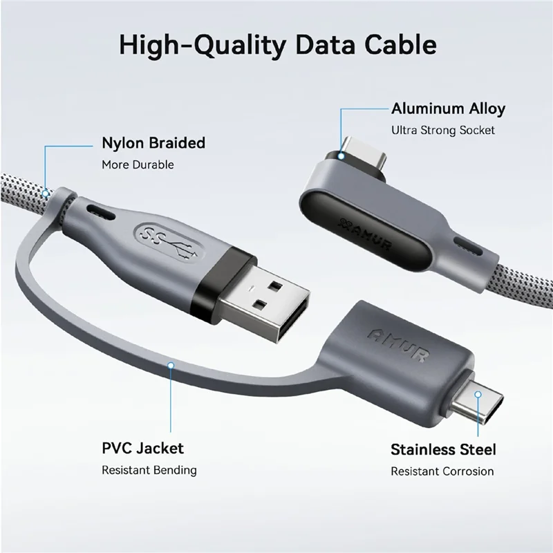AMVR LC6L 16FT 2 in 1 USB-A + Type-C to Type-C 5Gbps Nylon Braided Data Cable for VR Gaming - Grey