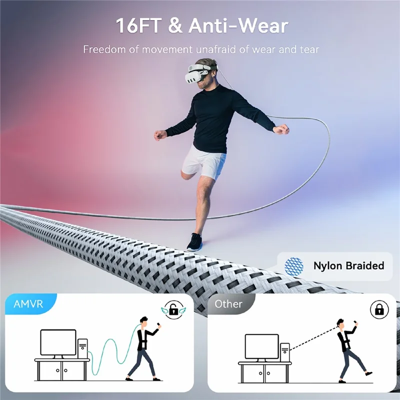 AMVR LC6L 16FT 2 in 1 USB-A + Type-C to Type-C 5Gbps Nylon Braided Data Cable for VR Gaming - Grey