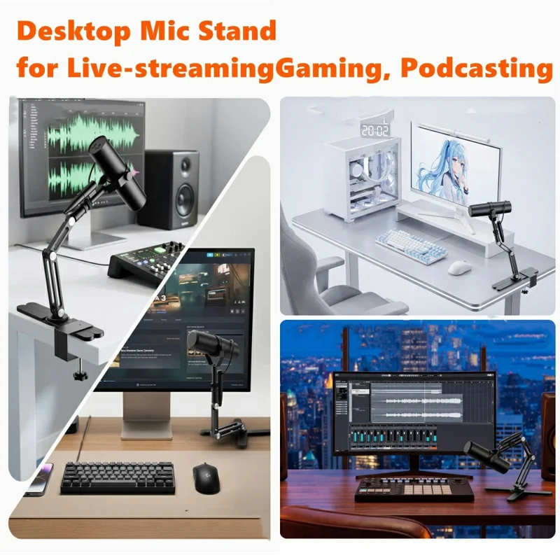 Aluminum Alloy Desktop Mic Stand Foldable Hidden Cable Management 360 Degree Rotating Desk Clamp - Black